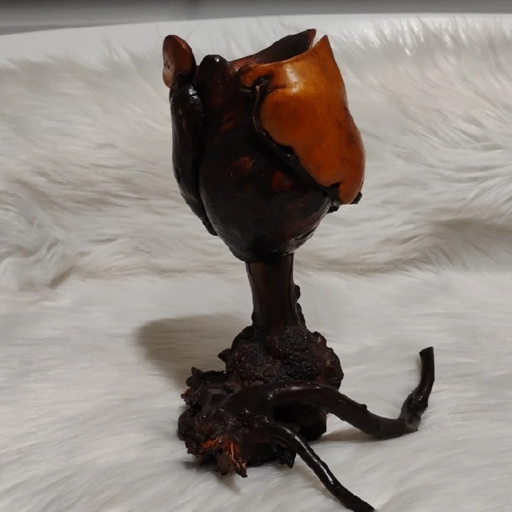 Office) SALE! Hand Carved Wooden Burl Wood Rose Flower Vtg Art Sculpture